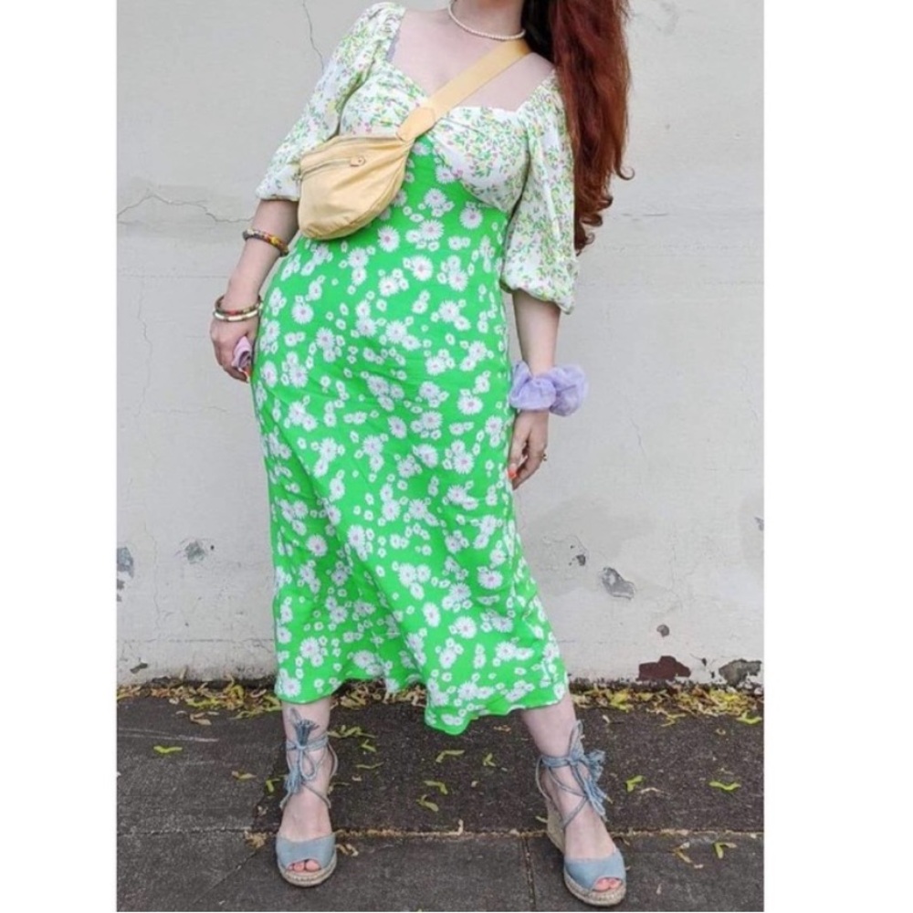 RIXO Daisy Long Puff Sleeve Swing Women’s Green Floral Maxi Dress Plus Size 16 - Picture 9 of 15